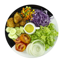 Fried pork Salad in Plate on white background, Healthy salad diet food concept, Top view..