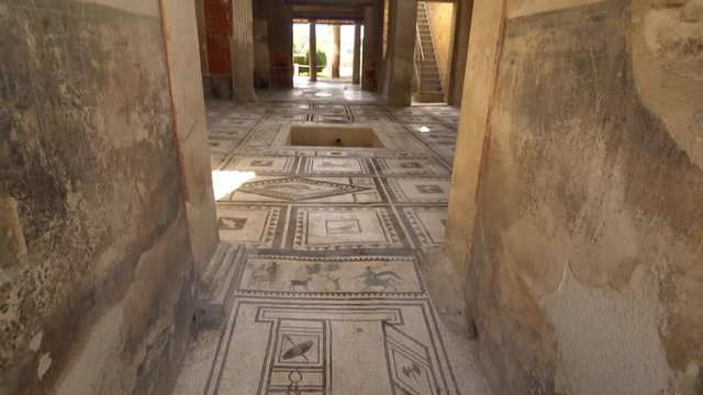 Mosaic tile floor inside ruins of Domus di Paquio Proculo in Pompeii, Italy