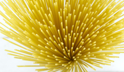 Yellow long spaghetti on white background Top view, Copy space for design. .