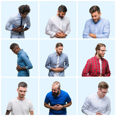 Fototapeta premium Collage of group of business and casual men over isolated background with hand on stomach because nausea, painful disease feeling unwell. Ache concept.