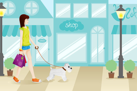 Shopping Woman with Her Dog Illustration