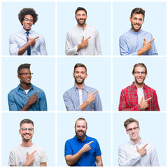 Fototapeta premium Collage of group of business and casual men over isolated background cheerful with a smile of face pointing with hand and finger up to the side with happy and natural expression on face