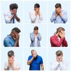Fototapeta premium Collage of group of business and casual men over isolated background with sad expression covering face with hands while crying. Depression concept.