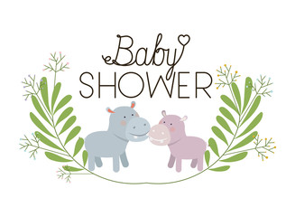 cute hippos couple with wreath baby shower card