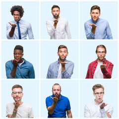 Fototapeta na wymiar Collage of group of business and casual men over isolated background looking at the camera blowing a kiss with hand on air being lovely and sexy. Love expression.