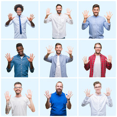 Collage of group of business and casual men over isolated background showing and pointing up with fingers number ten while smiling confident and happy.