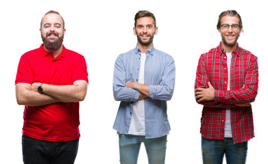 Collage of group of young men over isolated background happy face smiling with crossed arms looking at the camera. Positive person.