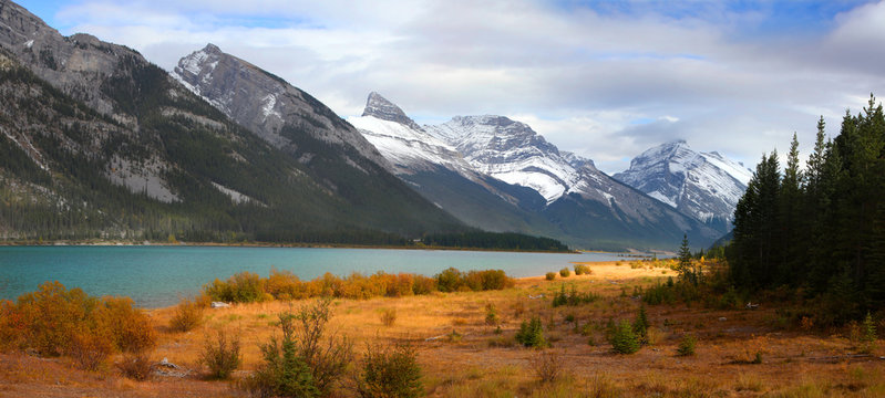 Panoramic view of Spray lakes reservoir in Alberta, Canada