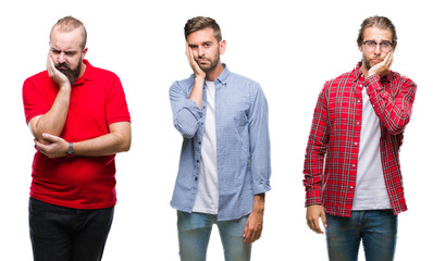 Collage of group of young men over isolated background thinking looking tired and bored with depression problems with crossed arms.