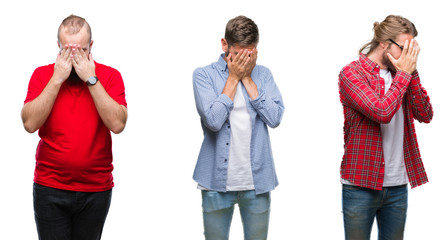Collage of group of young men over isolated background with sad expression covering face with hands while crying. Depression concept.