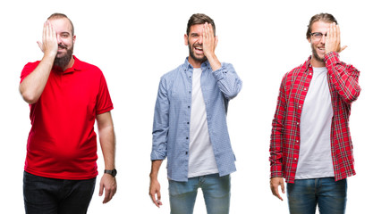 Collage of group of young men over isolated background covering one eye with hand with confident smile on face and surprise emotion.