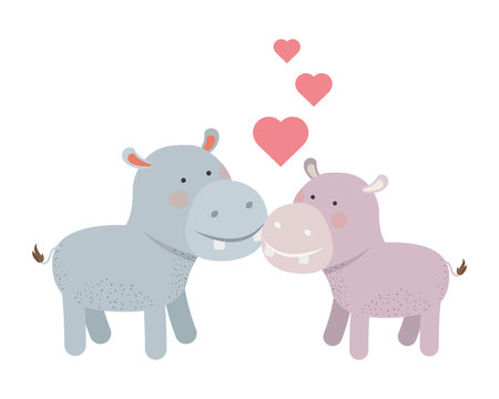 cute couple hippos with hearts