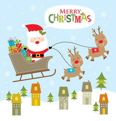 happy santa and reindeer greeting card design