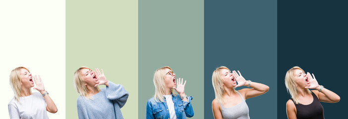 Collage of beautiful blonde woman over green vintage isolated background shouting and screaming loud to side with hand on mouth. Communication concept.
