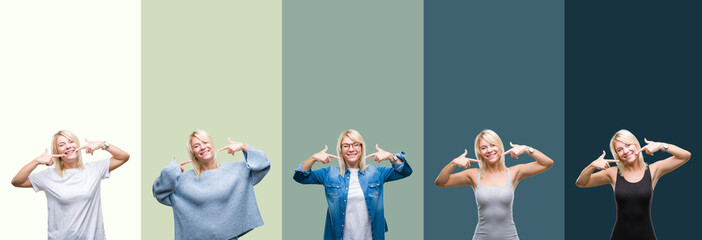 Collage of beautiful blonde woman over green vintage isolated background smiling confident showing and pointing with fingers teeth and mouth. Health concept.