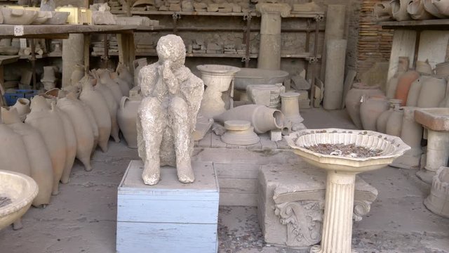 Plaster body cast of victim killed in Mount Vesuvius eruption in Pompeii, Italy, 79AD