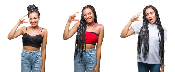 Collage of beautiful braided hair african american woman with birth mark over isolated background smiling and confident gesturing with hand doing size sign with fingers while looking and the camera