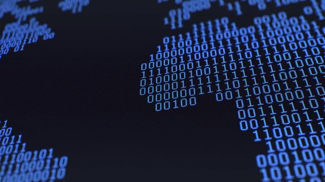Binary World Map Loop. Moving map of randomized binary 1s and 0s flickering on and off via a blue pixelated LCD screen. Macro, 60fps.