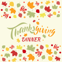 Fototapeta na wymiar Vector Happy thanksgiving Text Banner. Poster for thanksgiving Day. Autumn illustration with leaves. Greeting card Poster for thanksgiving.