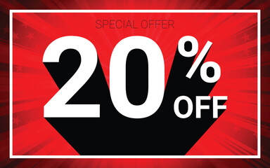 20% OFF Sale. White color 3D text and black shadow on red burst background design. Discount special offer promo advertising concept vector illustration.