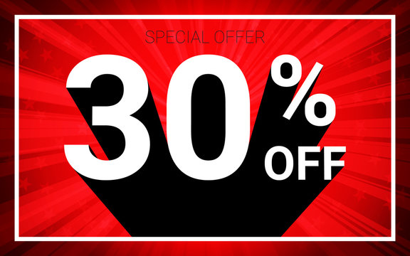 30% OFF Sale. White color 3D text and black shadow on red burst background design. Discount special offer promo advertising concept vector illustration.