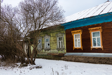 Russian wooden houses during winter