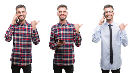 Collage of young business man working using smartphone over white isolated background pointing and showing with thumb up to the side with happy face smiling