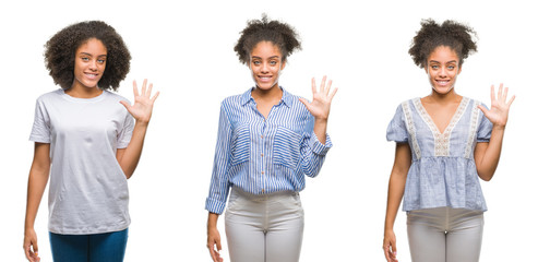 Collage of african american woman over isolated background showing and pointing up with fingers number five while smiling confident and happy.