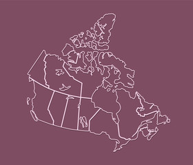 Red or maroon Canada map with outlines showing different states and regions vector illustration