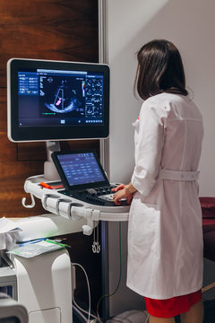 Female doctor analyses results of ultrasound scan of human heart