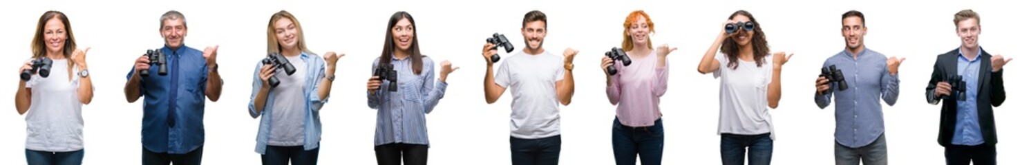 Collage of group of people looking through binoculars over isolated background pointing and showing with thumb up to the side with happy face smiling