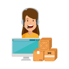 logistic woman agent with headset and computer