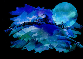 Countryside night landscape. Illustration of watercolors and black mascara. Abstract Blue, green, white, black splash of paint. Silhouettes the village. moon, full moon, eclipse. Watercolor logo.