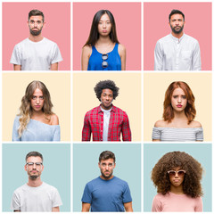 Collage of group of young people woman and men over colorful isolated background depressed and...