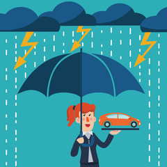 Business woman with umbrella standing under thunderstorm protecting car