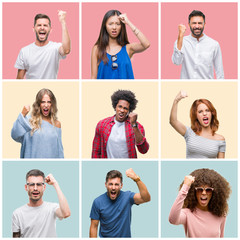 Collage of group of young people woman and men over colorful isolated background angry and mad...
