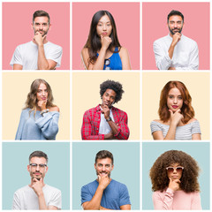 Collage of group of young people woman and men over colorful isolated background looking confident at the camera with smile with crossed arms and hand raised on chin. Thinking positive.