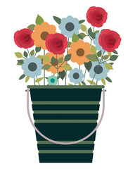 bucket with beautiful flowers isolated icon