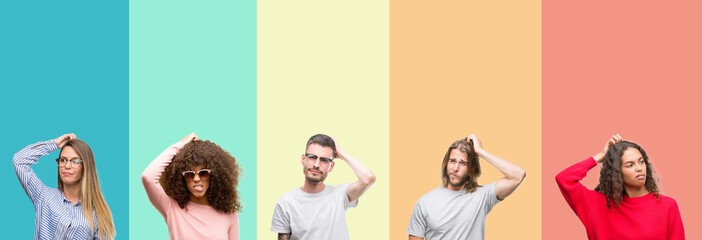 Obraz premium Collage of group of young people over colorful vintage isolated background confuse and wonder about question. Uncertain with doubt, thinking with hand on head. Pensive concept.