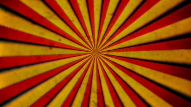 Analog VHS tape distortion: red and yellow stripes, with shadows, converging and forming a circle, rotating on the screen. Aged old retro vintage texture. Slow movement.
