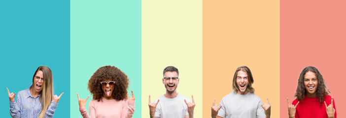 Collage of group of young people over colorful vintage isolated background shouting with crazy...
