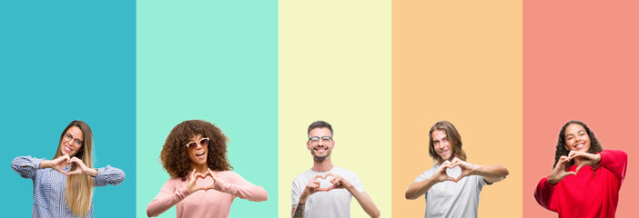Collage of group of young people over colorful vintage isolated background smiling in love showing heart symbol and shape with hands. Romantic concept.