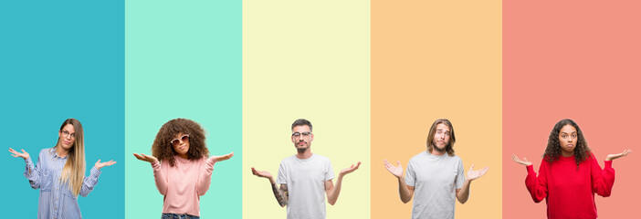 Collage of group of young people over colorful vintage isolated background clueless and confused...