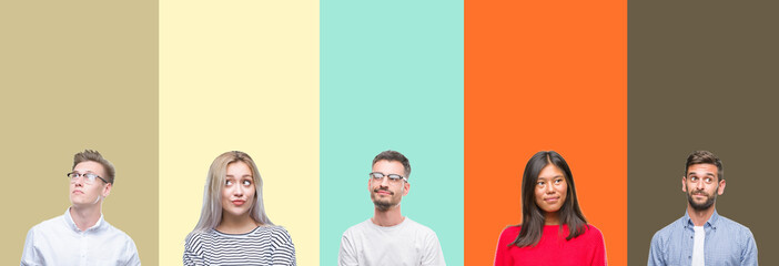 Obraz premium Collage of group of young people over colorful isolated background smiling looking side and staring away thinking.