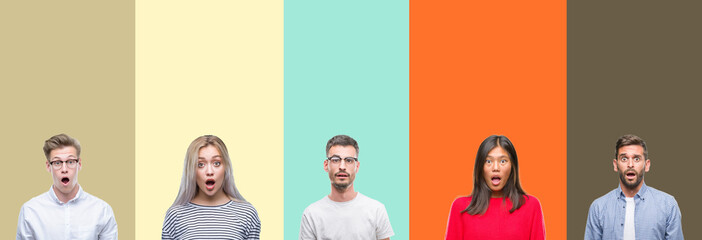 Obraz premium Collage of group of young people over colorful isolated background afraid and shocked with surprise expression, fear and excited face.