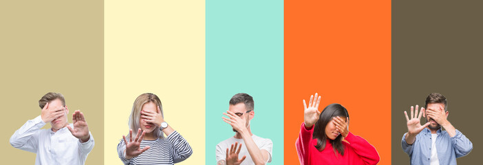Fototapeta premium Collage of group of young people over colorful isolated background covering eyes with hands and doing stop gesture with sad and fear expression. Embarrassed and negative concept.
