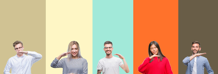 Collage of group of young people over colorful isolated background gesturing with hands showing big and large size sign, measure symbol. Smiling looking at the camera. Measuring concept.