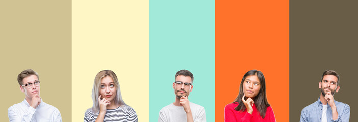 Collage of group of young people over colorful isolated background with hand on chin thinking about question, pensive expression. Smiling with thoughtful face. Doubt concept.