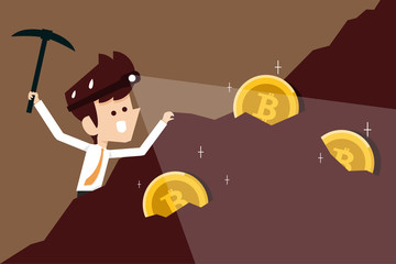 Businessman and Bitcoin mining concepts flat design vector cartoon - 227203324