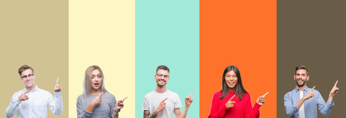 Obraz premium Collage of group of young people over colorful isolated background smiling and looking at the camera pointing with two hands and fingers to the side.